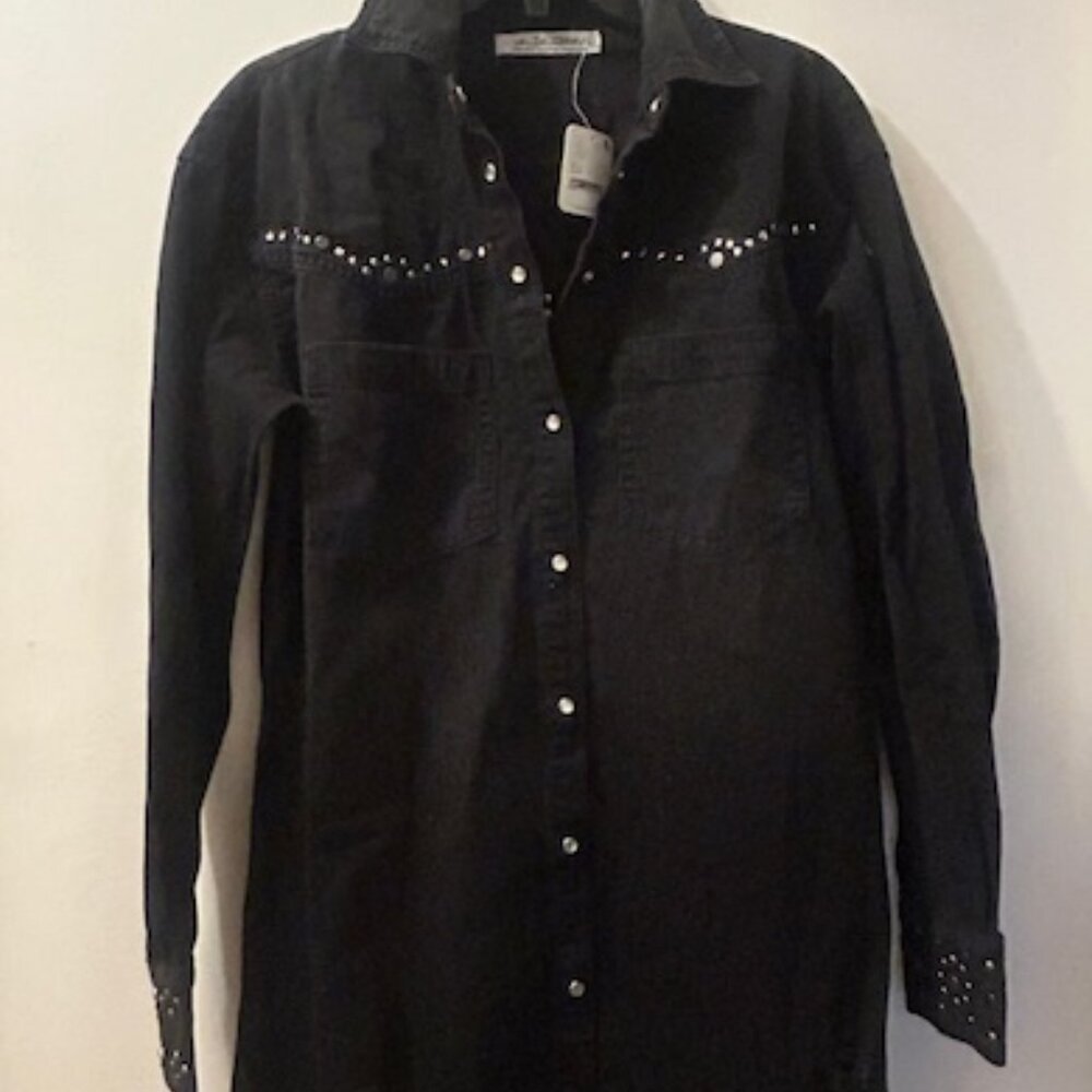 Free People We The Free Sleek Black Denim Silver Studded Distressed Dress NEW - Picture 1 of 16